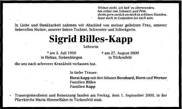 Billes Sigrid 1950-2000 Todesanzeige